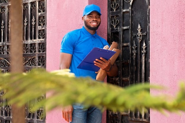 Close up on delivery person with parcel
